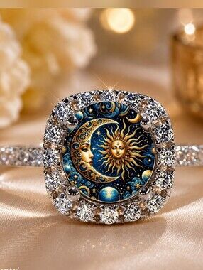 Silver Tone Celestial Moon Sun Design Ring Size 6